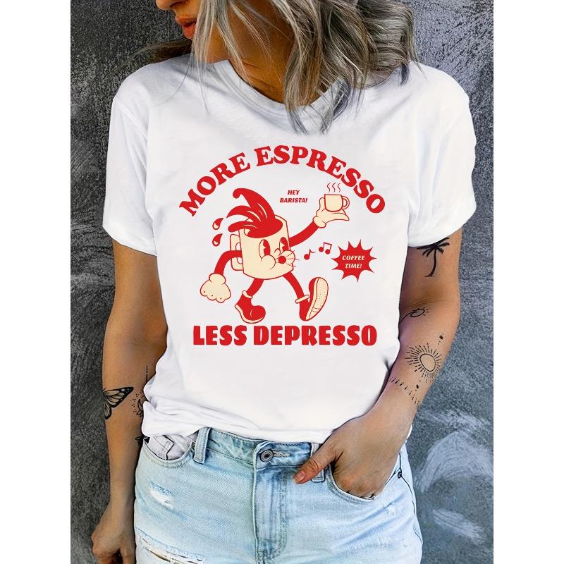 More Espresso Less Depresso Cartoon Coffee Cup Print T-shirt S белый