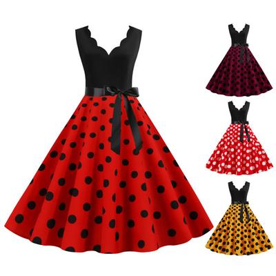 Women Midi Dress Flower Edge V Neck Lace Up Tight High Waist Bow Decor Sleeveless A-line Loose Hem Dot Print Retro 50s 60s Lady Backless Prom