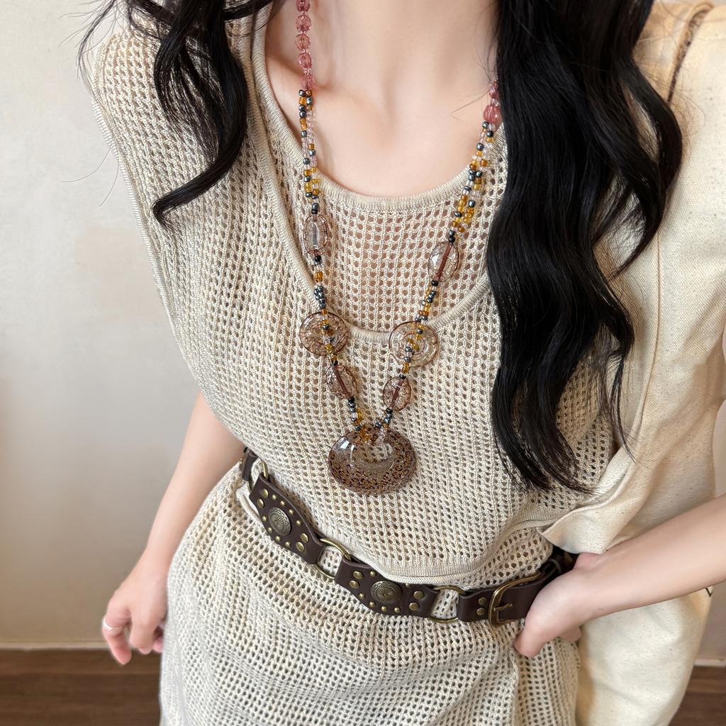 Plastic Glass Leopard Print Round Pendant Necklace Niche Ethnic Style Temperament Collarbone Chain Fashion Personality Versatile Jewelry