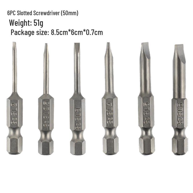 S2 Alloy Steel 6PC 50mm Flat Head 2.0-6.0mm Slotted Screwdriver Bits