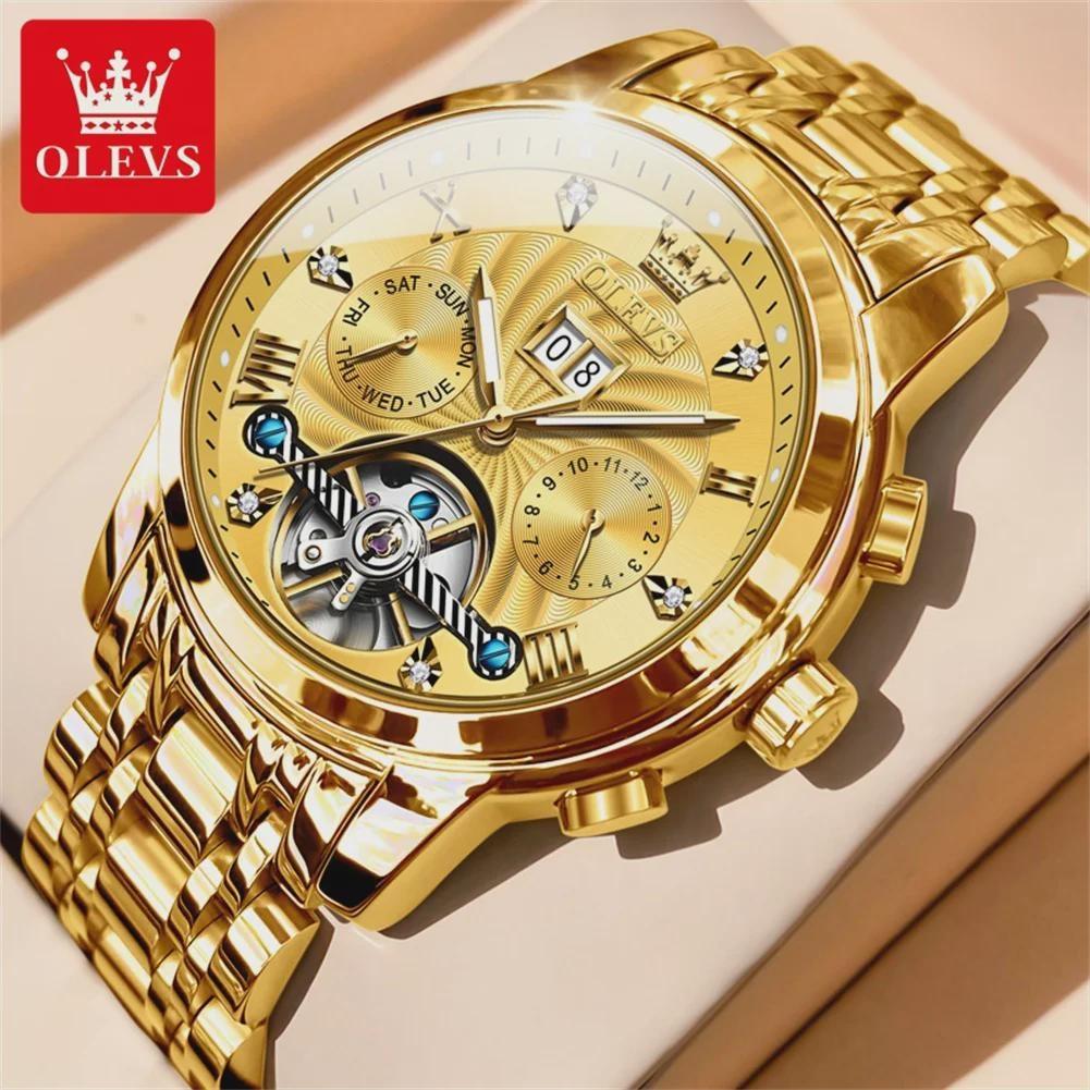 OLEVS Luxury Gold Tourbillon Mechanical Watch for Men Stainless Steel Waterproof Luminous Date Business Mens Watches