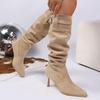 Sexy Pointed Toe High Heel Black Long Boots Women 2025 Winter Solid Suede Mid Calf Boots Metal Belt Buckle Brand Designer Shoes