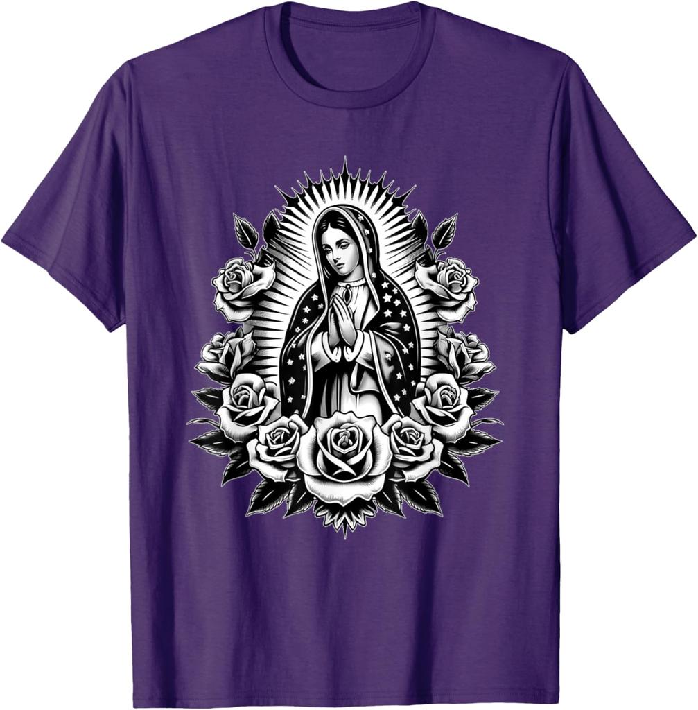 Virgin Mary Guadalupe Roses Graphic T-Shirt Religious Catholic Virginita Floral Print Tee Men Casual