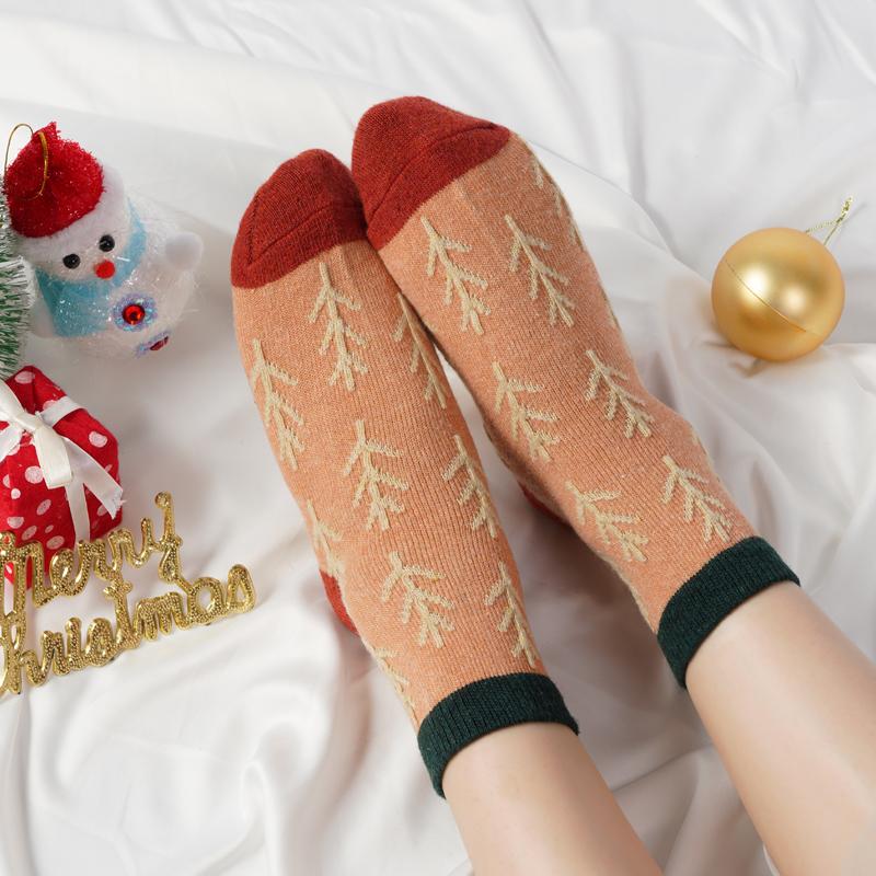 Fashion Color Contrast Women's Christmas Tree Wool Socks Autumn Winter Japanese Vintage Thickened Warm Soft Comfortable Socks