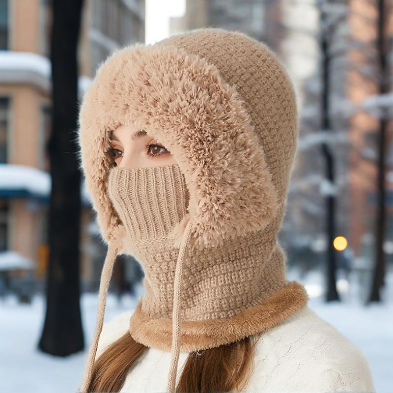 One-piece hat plus velvet thickened face-covering knitted hat, bib, mask, warmth kit