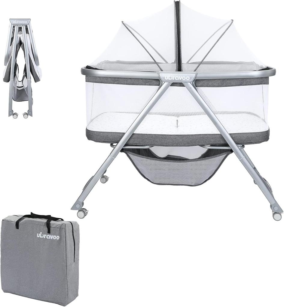 Ubravoo Kinderbett mit Netzstoff und Matratze 3-in-1, Reisebett | Wiege | Kleinkinderbett mit Rädern, umbaubar, inkl. Babywanne, Aufbewahrungskorb und Baldachin