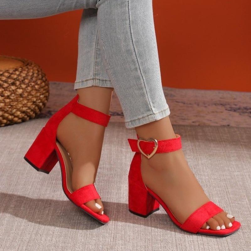 Fashion Cow Suede Block Heel Sandals Summer New Square Toe Open Toe One Line with Metal Buckle Anti-slip Wear-resistant High Heels