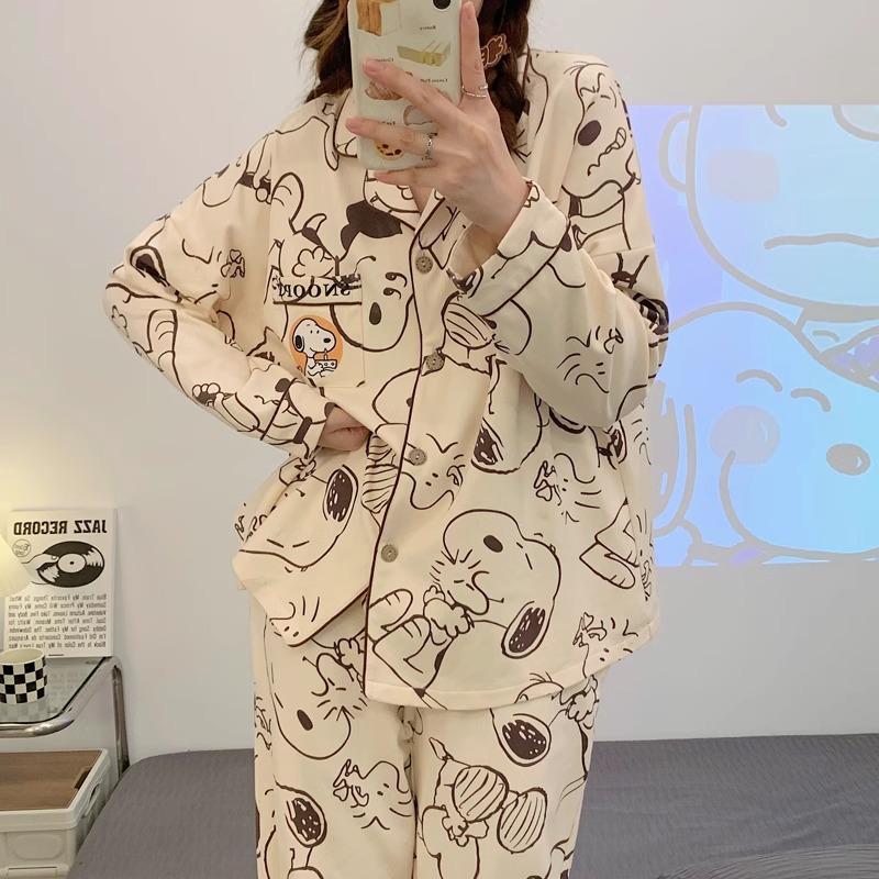 "Cute Dog Dachshund" ins cartoon spring and autumn striped pajamas women's cardigan long-sleeved loungewear autumn and winter suit