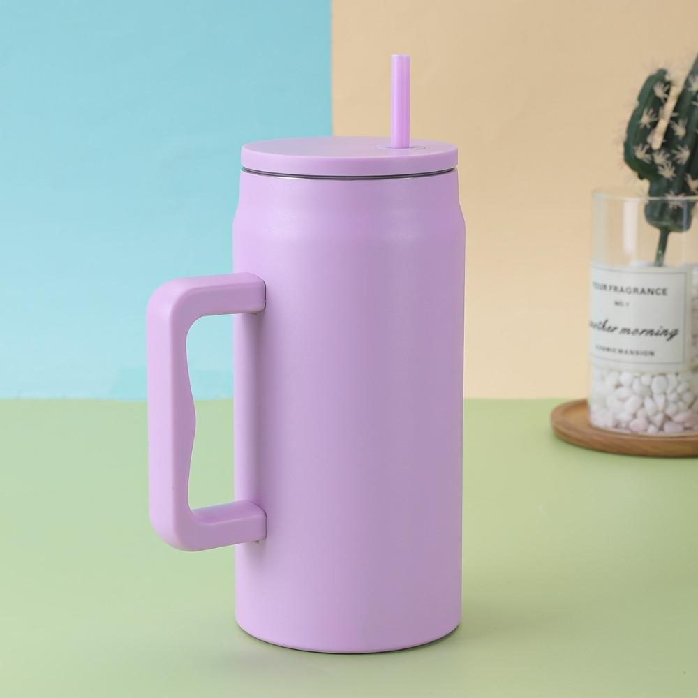 With Handle and Straw Lid Water Bottle Simple Sippy Cup Modern Thermal Cup  Unisex