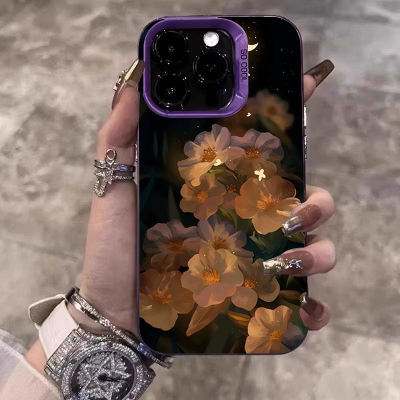 Dark Background Floral Pattern Electroplate IMD Phone Case For iPhone 16 15 14 13 12 11 Pro Max 16E 7 8 Plus X XS XR SE Cover