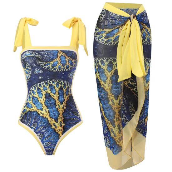 2 stks/set Vrouwen Afdrukken Monokini met Rok Sling Bandeau Een Stuk Hot Spring Badpak met Beach Cover Up