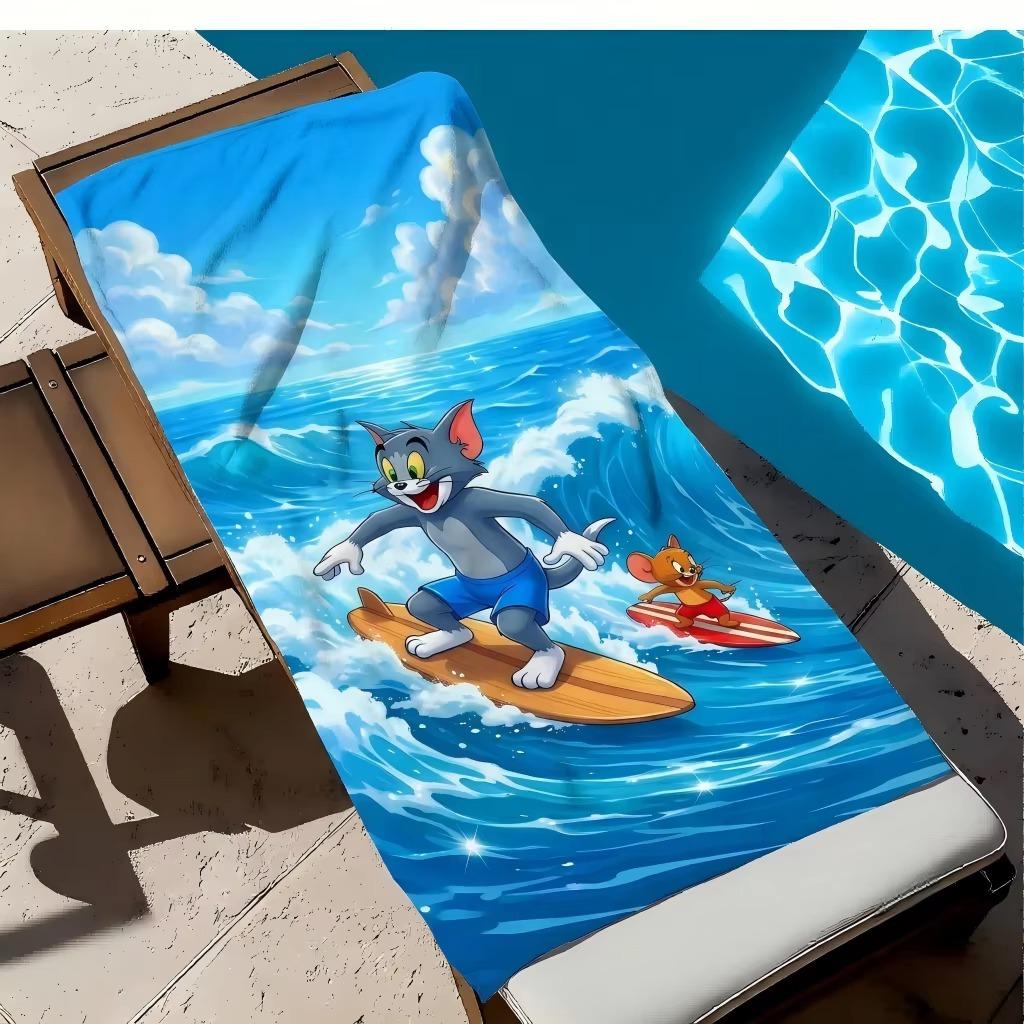 T-Tom and J-Jerry Surfing Ocean Wave Beach Towel Microfiber Quick Dry Absorbent Ideal for Swimming Camping Bathing Gift