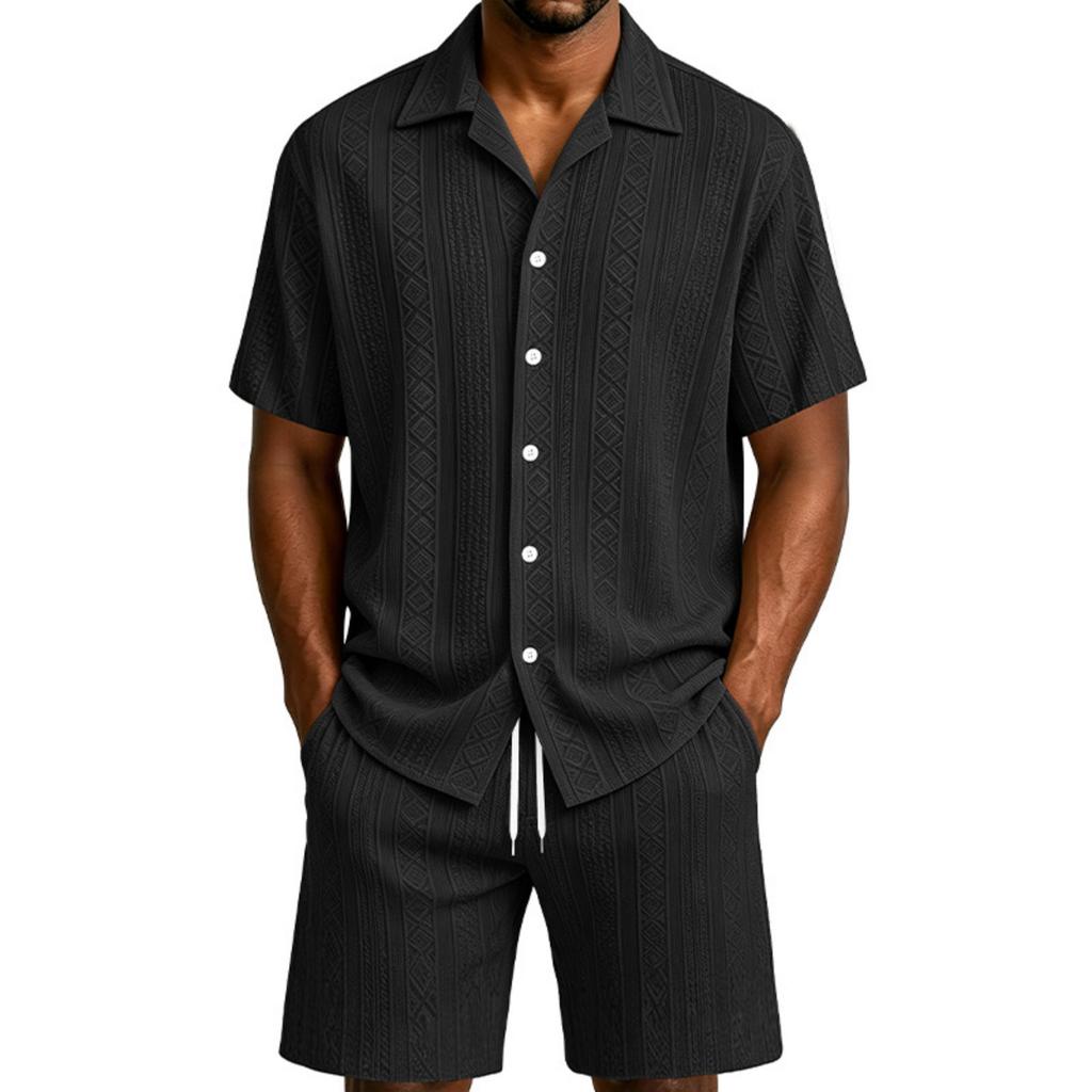 Completo Casual da Uomo a Maniche Corte con Bottoni e Pantaloncini Leggero Traspirante Due Pezzi Adatto per Attività Estive all'Aperto e Tempo Libero