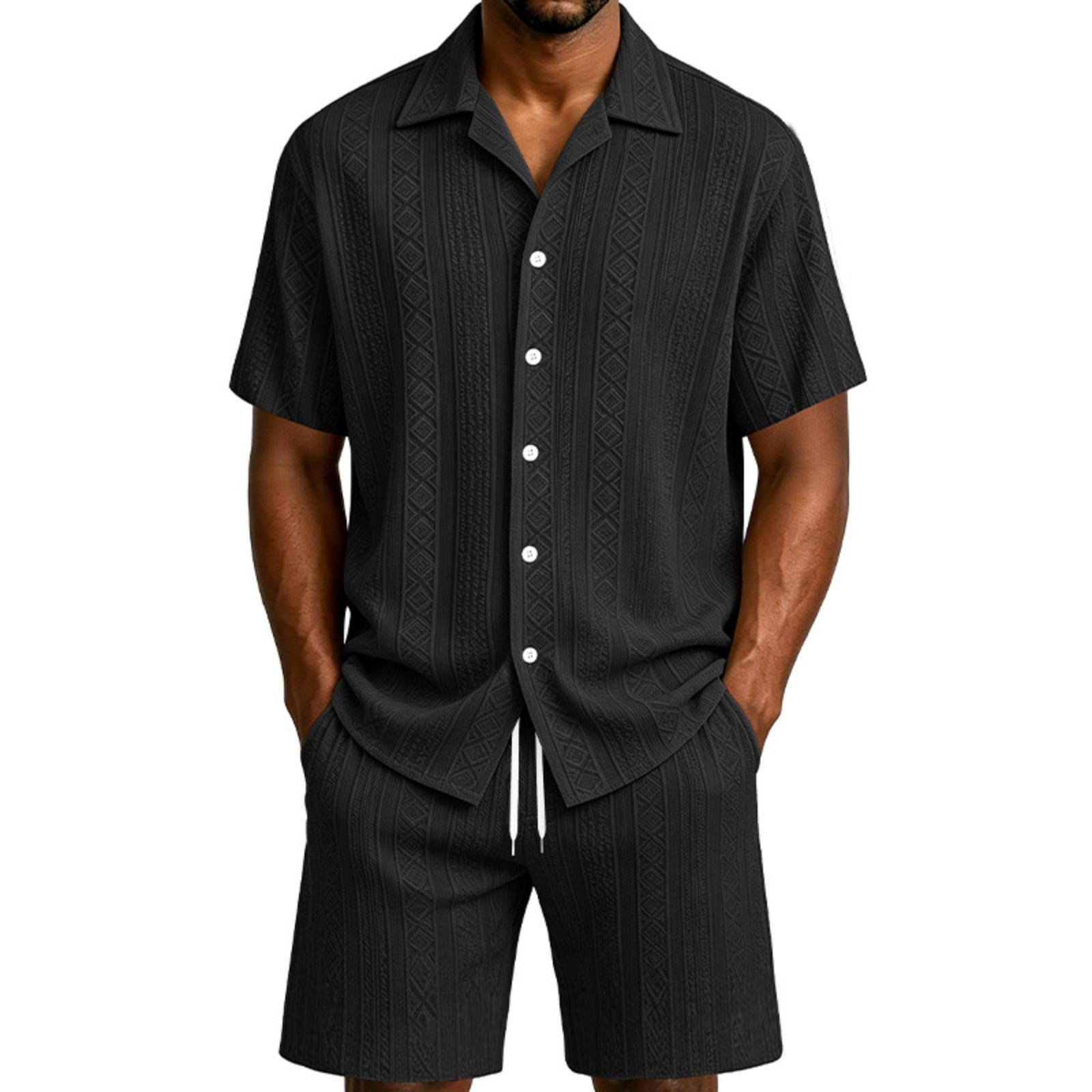 

Men s Casual Short Sleeve Button Up Shirt and Shorts Set Lightweight Breathable Two Piece Outfit Suitable for Summer Outdoor Activities and Leisure XL чёрный