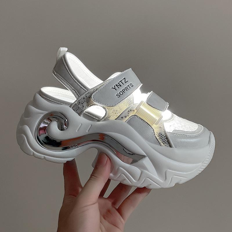 Fashion 8CM Breathable Hollow Leather Women Sandals Vulcanized Mesh Chunky Platform Gladiator Shoes High Heels Casual Summer Sneakers