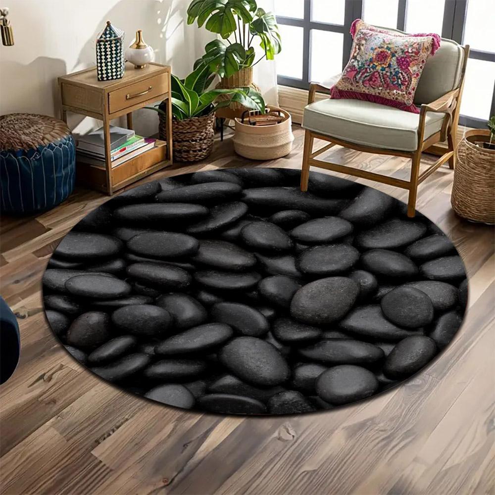 Glossy Black Stones Pattern Print round rug, living room, bedroom, playroom carpet, non slip floor mat, gift