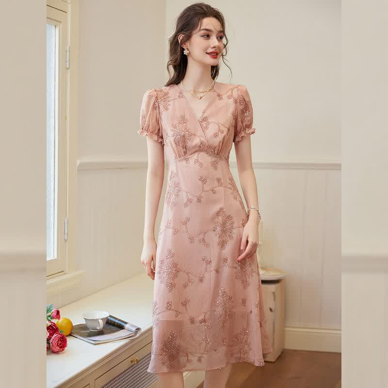 French Style Puff Sleeve V-Neck A-Line Maxi Dress M