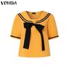 VONDA Two Pieces Women Girls College Style Sets Naval Collar Short Sleeve Blouse and Long Skirts Outfits 