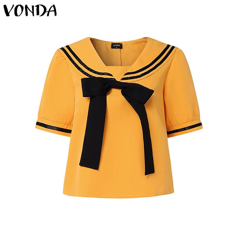 VONDA Two Pieces Women Girls College Style Sets Naval Collar Short Sleeve Blouse and Long Skirts Outfits 