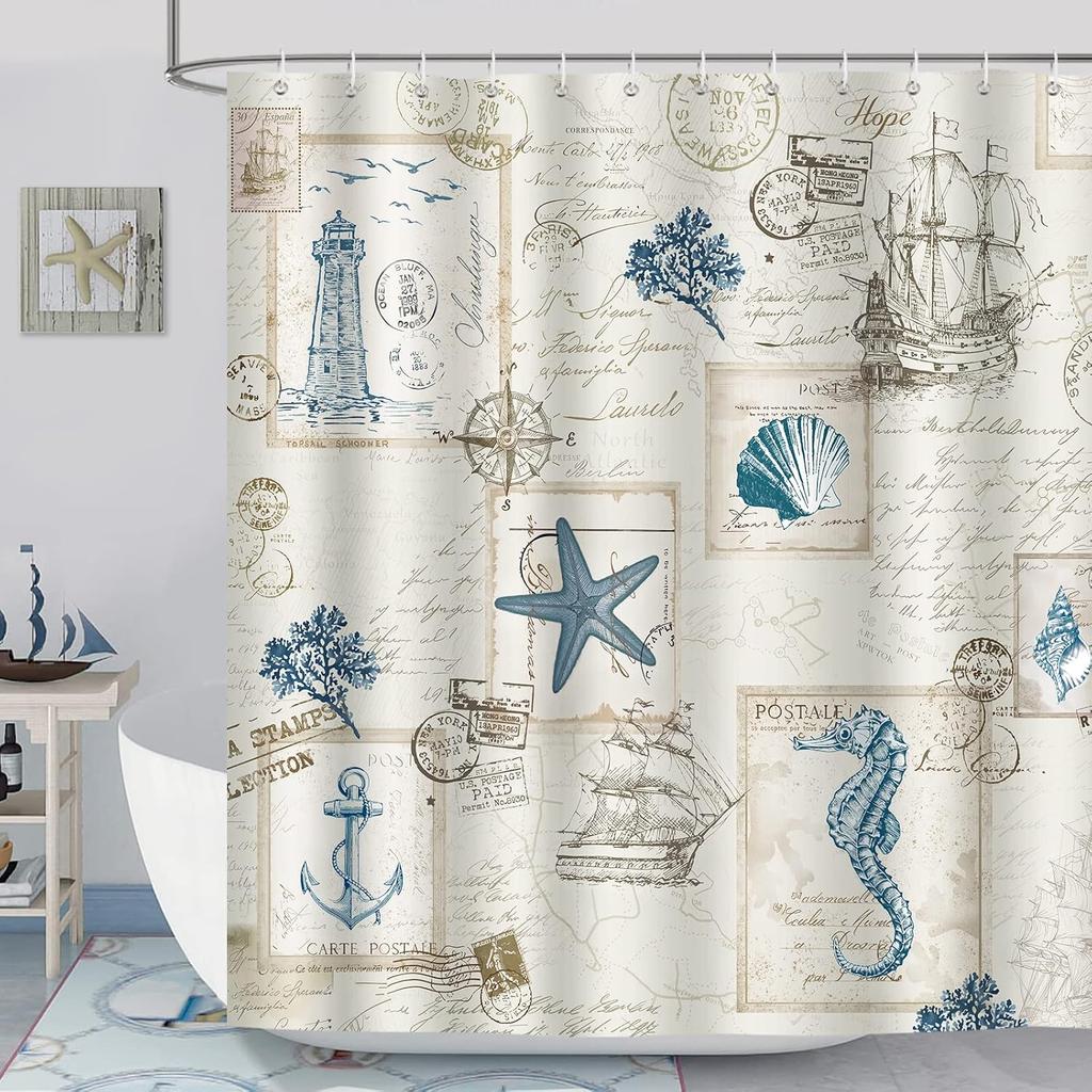 Modern Nautical Anchor Lighthouse Sailing Shower Curtain 180 X 200cm Washable Polyester Shower Curtain with 12 Hooks