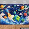 2D Flat Space-themed Banner Background Featuring Themes of Space Exploration and Various Indoor and Outdoor Activities.