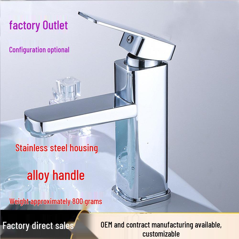 Stainless Steel Square Basin Faucet – Hot/Cold Single Hole for Bathroom Cabinet