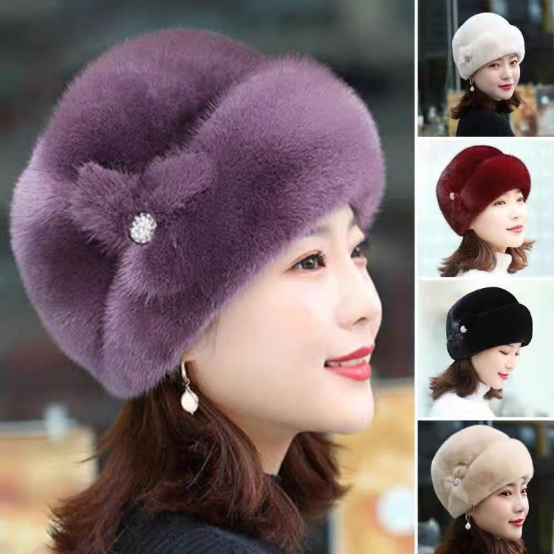 1Pieces Woman Faux Fur Winter Hat Thickened Keep Warm Middle-aged Cap Flower Decor Bucket Hats Cap Mountaineering Scarf