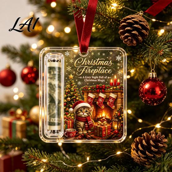 Holiday Cash Holder Christmas Gift Ornament Acrylic Angel Santa Cat Money Clear for Xmas Tree Party Hanging Decoration with Lanyard