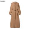 ZANZEA Autumn Spring Women Lapel Collar Belted High Waist Split Long Sleeve Casual Maxi Dress