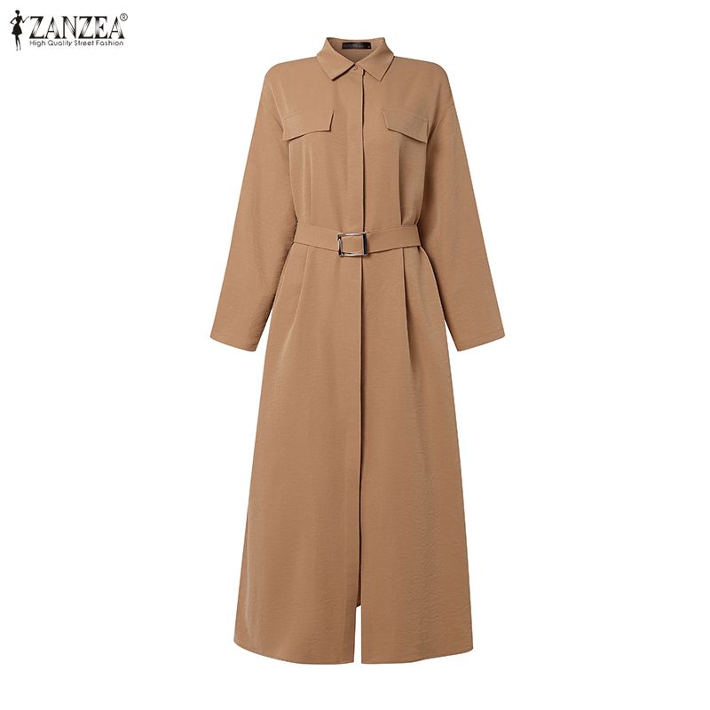 ZANZEA Autumn Spring Women Lapel Collar Belted High Waist Split Long Sleeve Casual Maxi Dress
