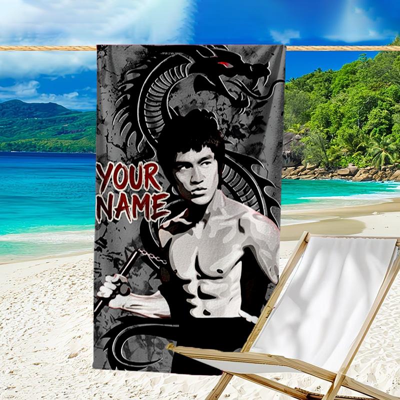 Custom Name Beach Towel Dynamic Bruce-Lee Pose Beach Towel, Soft Microfiber, Gift for Her/Him, Birthday, for Pool, Beach, Travel, Fan gifts