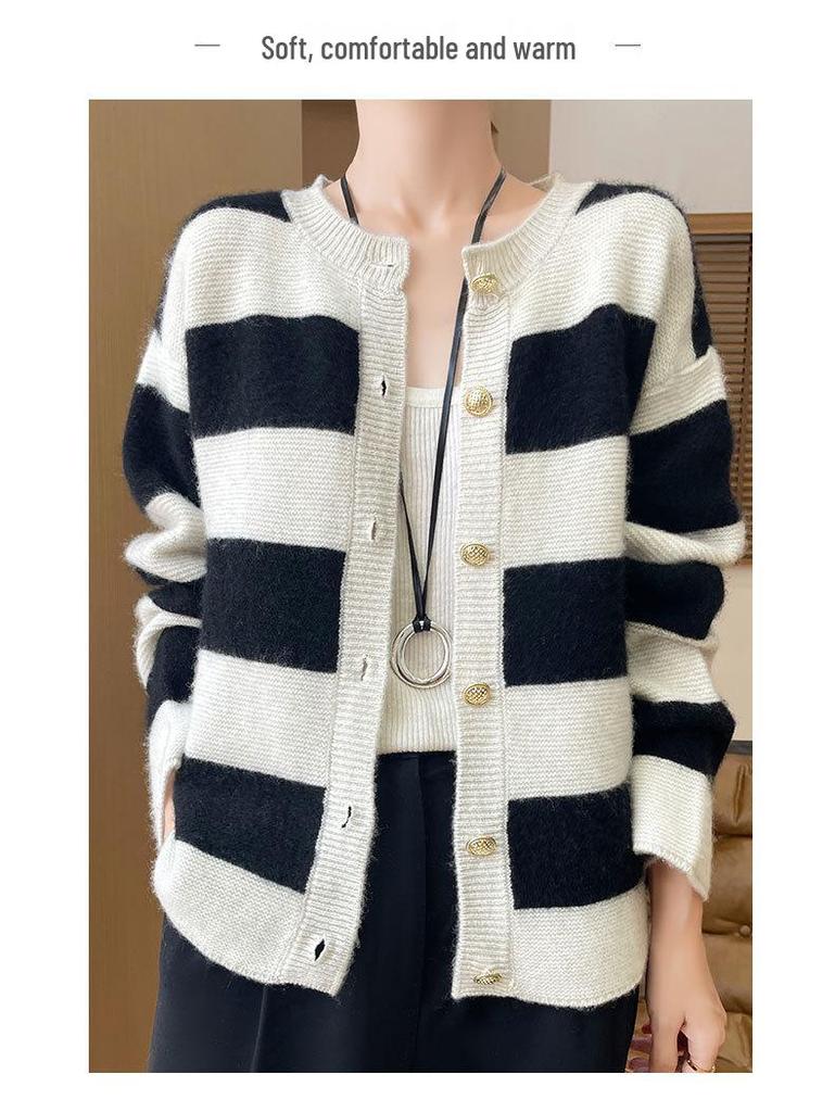 2024 Women's Color Block Pure Wool Knit Cardigan - Casual Round Neck, Loose Fit with Button Closure