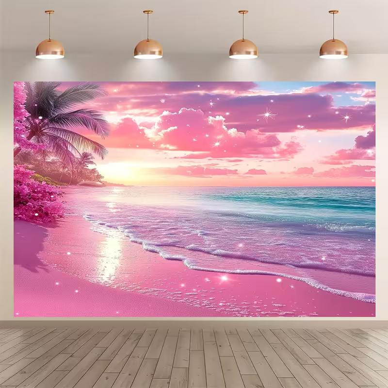 2D Flat Glitter Pink Beach Banner Tropical Paradise Themed Backdrop for Vacation & Summer Decor