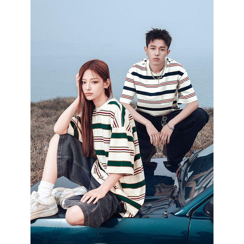 Wassup Heods Retro Japanese-Style Striped Short-Sleeve Unisex Summer 2024 New National Trend Brand Couple T-Shirt