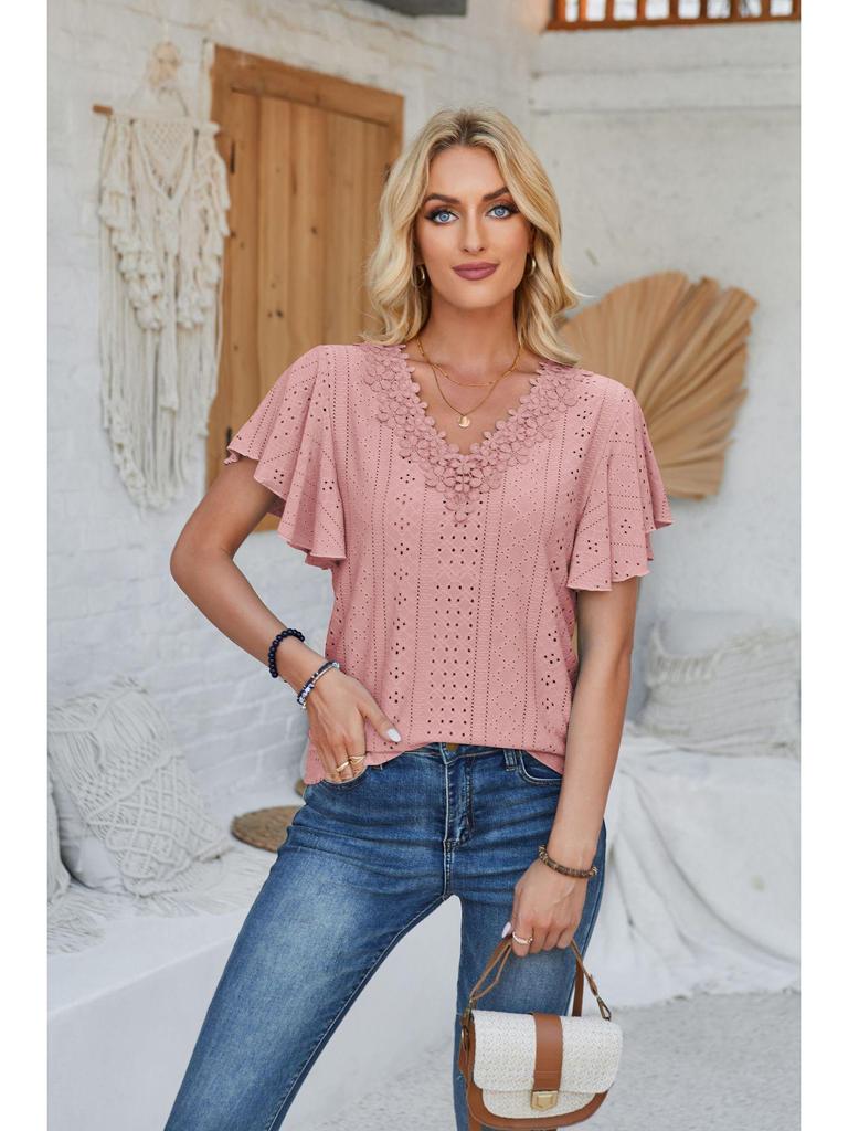 Spring/Summer Women's Lace V-Neck Ruffle Sleeve Loose T-Shirt