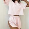 Women Striped Short Sleeve Crop Top Elastic Waist Shorts Two Piece Casual Loungewear