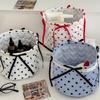 Stylish Nylon Dot Pattern Storage Bin With Ribbon For Makeup And Toy Organization