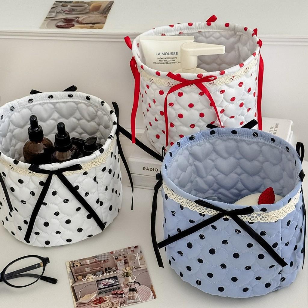 Stylish Nylon Dot Pattern Storage Bin With Ribbon For Makeup And Toy Organization