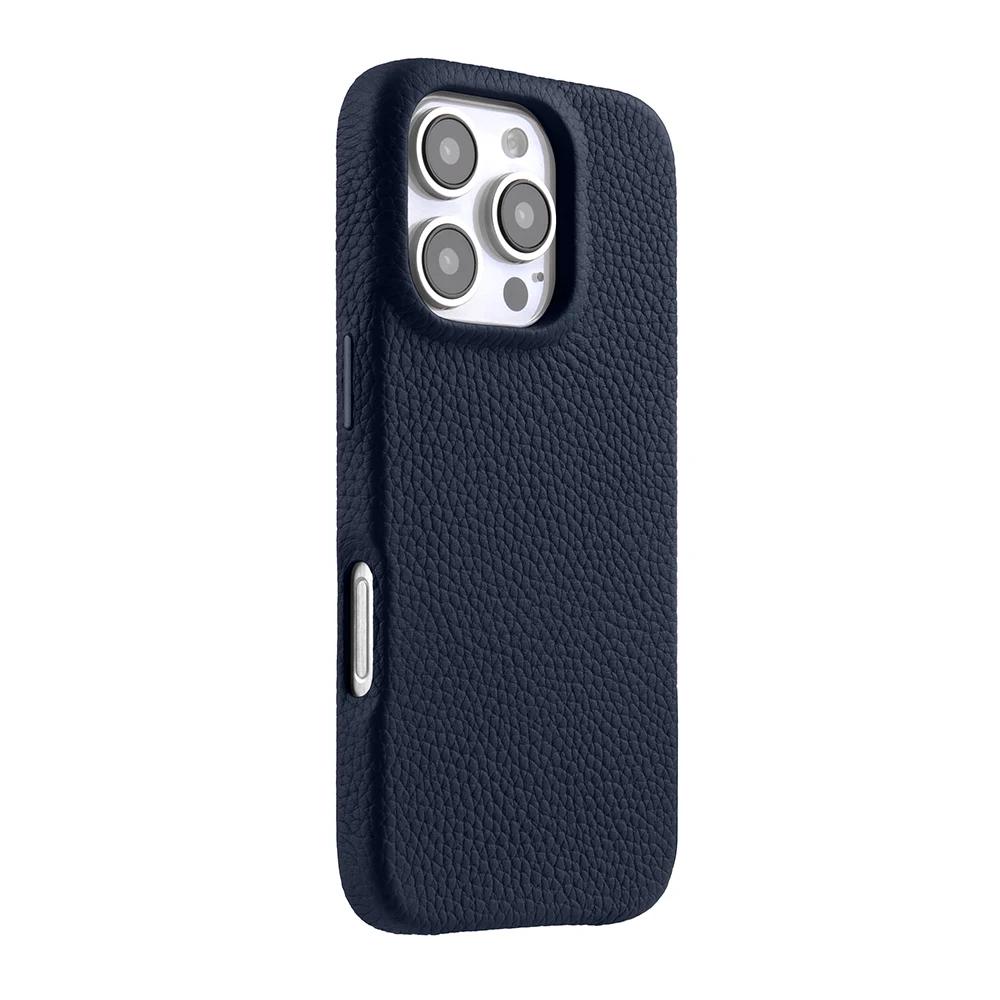 

Melkco Magnetic Wireless Charging Leather Case for iPhone 16 Pro Max 16 Plus Metal Button Genuine Cowhide Mobile Phone Cover iPhone 16 Pro Max темно-синий