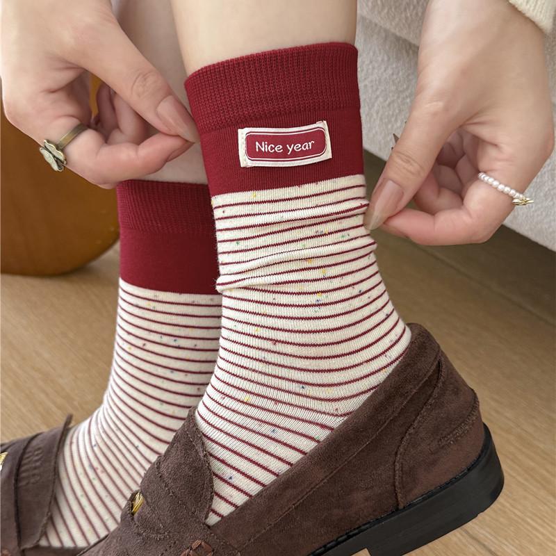 Women's Big Red Christmas Socks: Year of the Horse, Cute Polka Dot Bow, Lace Fabric, Striped Mid-Calf Design