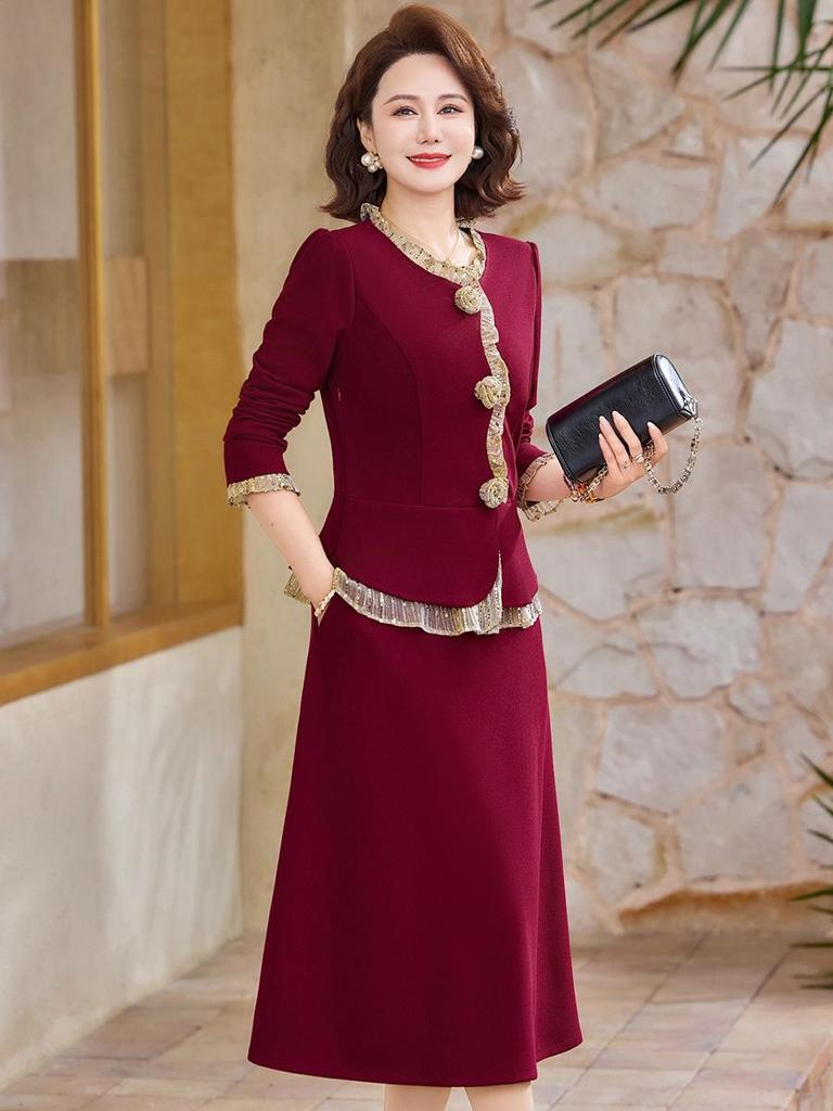 2026 New Fashion Slimming Long-Sleeved Two-Piece Dress for Middle-Aged & Elderly Women
