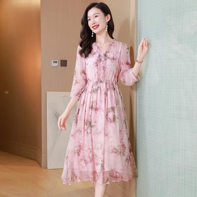 V-neck Silk Dress with Strap-up Waist and Thin Intellectual Medium and Long Fashion Mulberry Silk Dress