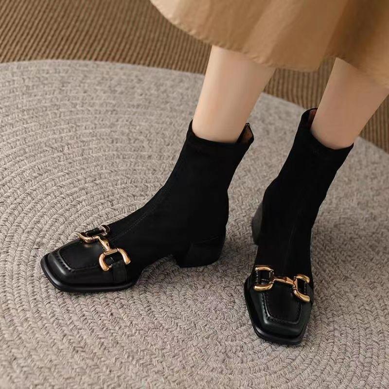 Fashion Black Elastic Socks Boots Spring Women's New Square Head Antique Short Boots Chunky Heel Boots Autumn Thick Heel Women's Boot