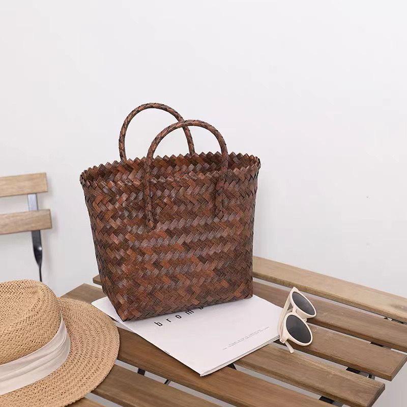 Handmade Rattan Woven Handbag: Retro Bamboo Straw Beach Basket 30x20
