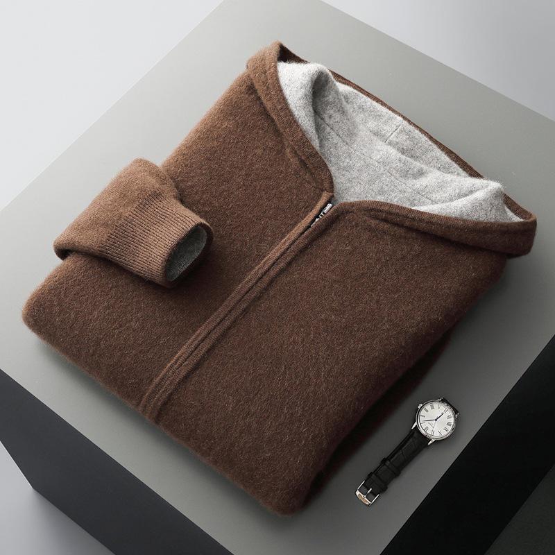 Men's Zipper Hooded Wool Cardigan - Thick Knitwear for Autumn/Winter