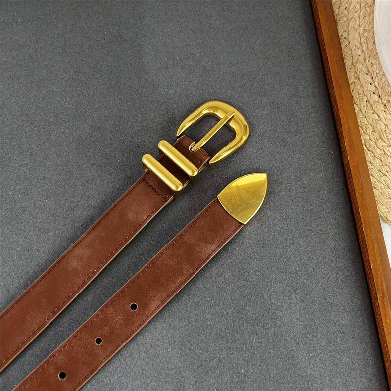 Ceinture Rétro à Boucle Dorée en Daim - Accessoire en Cuir de Vachette Style Myerard pour Pantalon