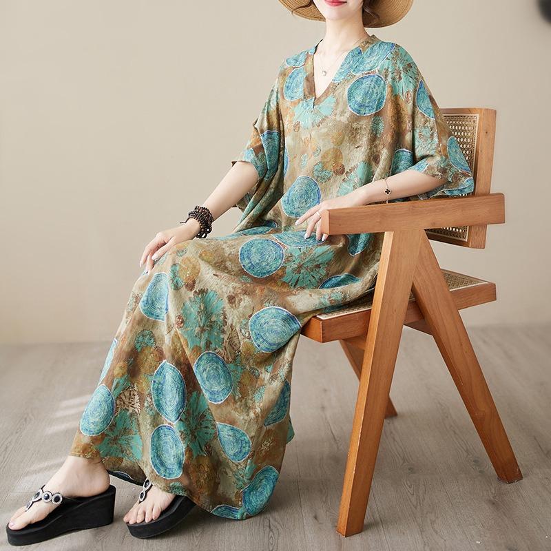 Real Shot Summer Thin V-neck Cotton and Linen Large Size Loose Medium and Long Literary Holiday Style Beach Dress Women