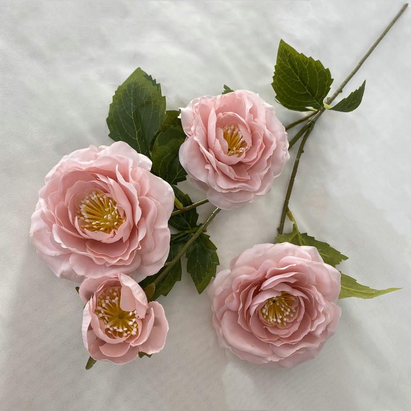 Long Branch Fu Character Fourhead Camellia Artificial Flower For Wedding Hall And Home Decoration