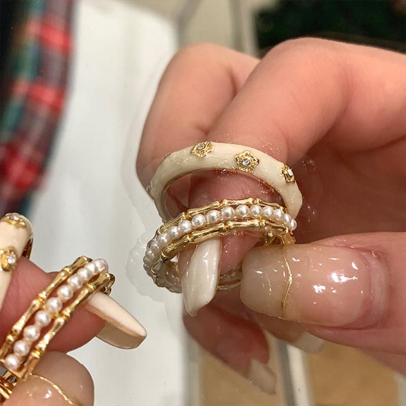 Aesthetic Enamel Highend Pearl Ring With Unique Geometric Design Women For