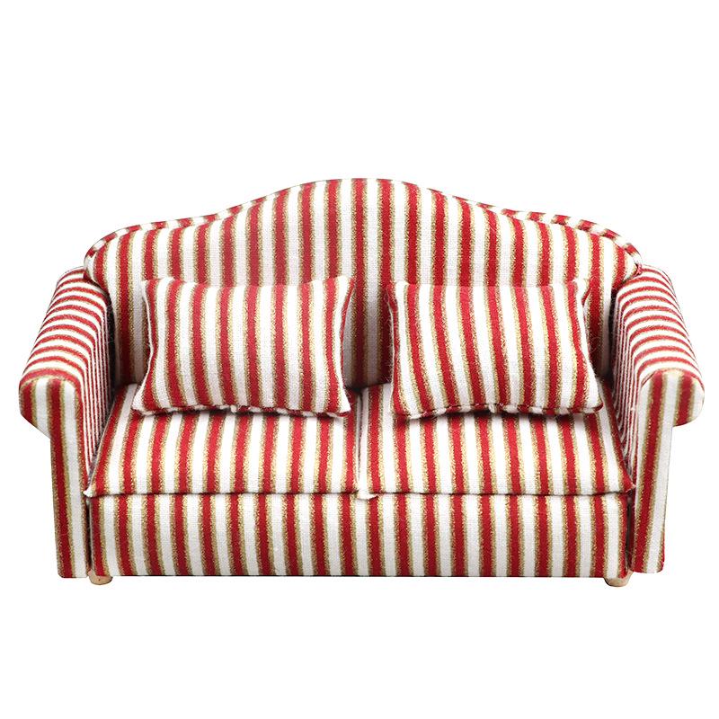 1:12 Dollhouse Miniature Living Room Sofa Set: Gold Trim & Red Stripe Sofa with Throw Pillows